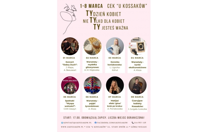 Na jasnoróżowym tle umieszczono zapowiedź wydarzenia „Tydzień Kobiet”. Poniżej przedstawiono program na każdy dzień. Na dole znajdują się informacje organizacyjne, godzina rozpoczęcia oraz dane kontaktowe.
