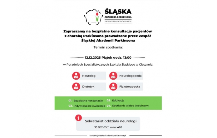 Graficzny kontur Śląska, w którego wnętrzu umieszczono czerwony tulipan. Poniżej znajduje się nazwa „Śląska Akademia Parkinsona” oraz krótki opis dotyczący bezpłatnych konsultacji dla pacjentów z chorobą Parkinsona, wraz z terminem, miejscem spotkania i listą specjalistów dostępnych podczas wydarzenia.