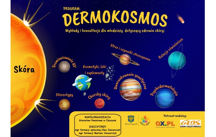 Kosmiczna grafika nawiązująca do Układu Słonecznego, w której centralnym punktem jest słońce symbolizujące skórę. Wokół krążą planety oznaczone jako czynniki wpływające na zdrowie skóry, takie jak promieniowanie UV, kosmetyki, stres, choroby czy genetyka. Kolorowe tło z gwiazdami i kometą nadaje dynamiczny charakter. W dolnej części umieszczone są logotypy organizatorów i patronów medialnych.