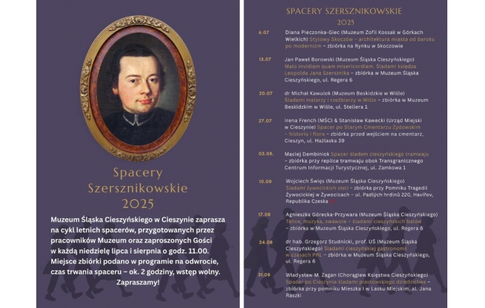 Fioletowe tło z owalnym portretem Leopolda Jana Szersznika w zdobionej ramie po lewej stronie; po prawej szczegółowy plan letnich spacerów muzealnych z datami, tematami i nazwiskami prowadzących.