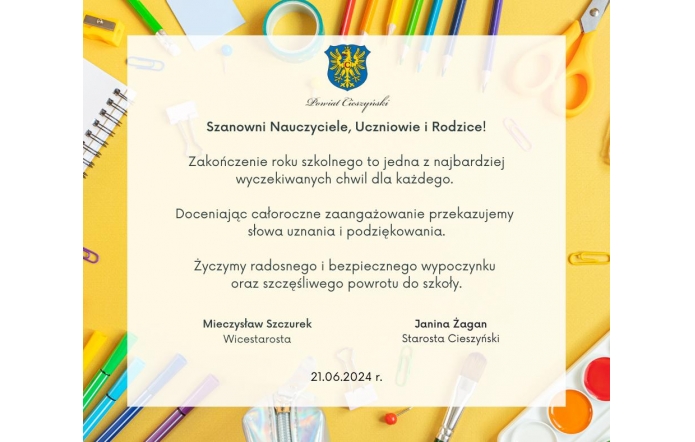 Życzenia na zakończenie roku szkolnego 2023/2024