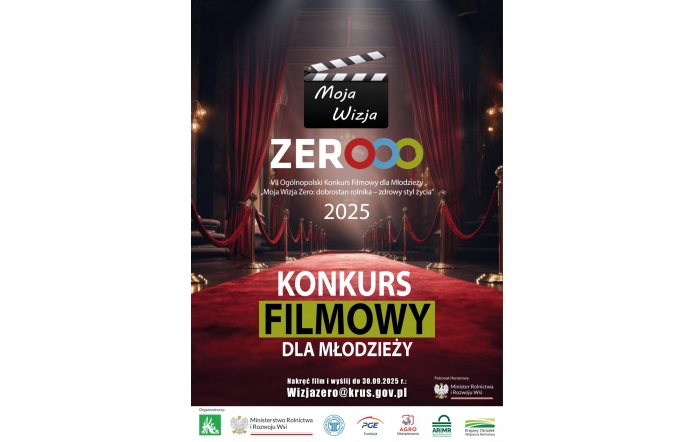 Czerwony dywan prowadzi w głąb eleganckiej sali teatralnej z ciężkimi zasłonami i światłami po bokach. Na środku widnieje napis „Moja Wizja Zero 2025” oraz duże hasło „Konkurs Filmowy dla Młodzieży”, a poniżej informacja o terminie zgłoszeń do 30 września 2025 roku.