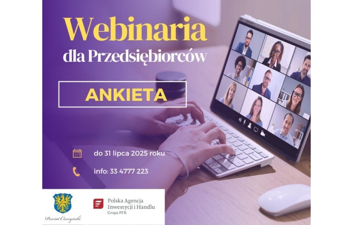 Grafika przedstawiająca dłonie na klawiaturze netbooka.Tekst infomruje o ankecie dotyczącej webinariów dla przedsiębiorców. 