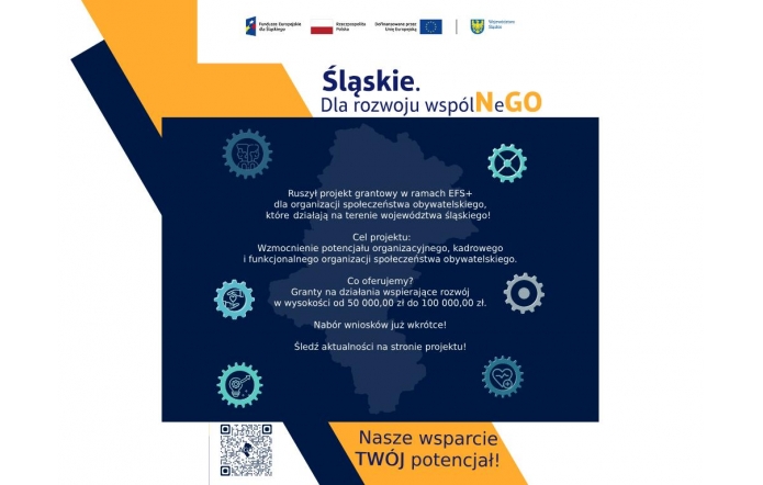 Ciemnogranatowe tło z żółto-pomarańczowymi i niebieskimi elementami. U góry logotypy oraz napis „Śląskie. Dla rozwoju wspólNeGO”. Na środku informacja o starcie projektu grantowego EFS+ dla organizacji społeczeństwa obywatelskiego z województwa śląskiego, celu wzmocnienia ich potencjału oraz o grantach od 50 000 do 100 000 zł i planowanym naborze wniosków. Na dole hasło „Nasze wsparcie. TWÓJ potencjał!” oraz kod QR.