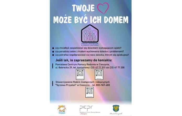 Plakat informacyjny o rodzicielstwie zastępczym: pastelowe tło, u góry ikona domu, poniżej nagłówek i wypunktowana lista, niżej sekcja z informacjami organizacyjnymi, na dole piktogramy i kontakt.