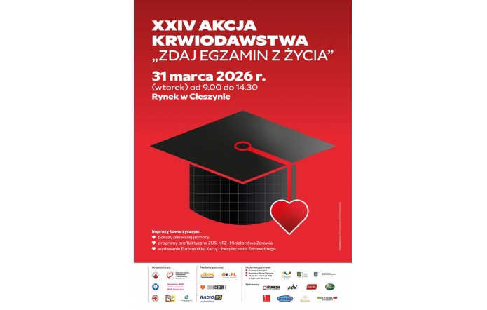 Na czerwonym tle umieszczono napis **„XXIV Akcja Krwiodawstwa – Zdaj egzamin z życia”** oraz grafikę **czapki absolwenta z czerwonym sercem**. W dolnej części znajdują się **dodatkowe informacje i logotypy organizatorów oraz partnerów**.