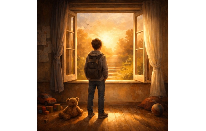 W pomieszczeniu stoi chłopiec z plecakiem i patrzy przez otwarte okno na jasny krajobraz ze schodami prowadzącymi w stronę światła. Wokół na podłodze znajdują się zabawki, m.in. pluszowy miś, klocki, samochodzik i piłka. Po bokach okna wiszą zasłony.