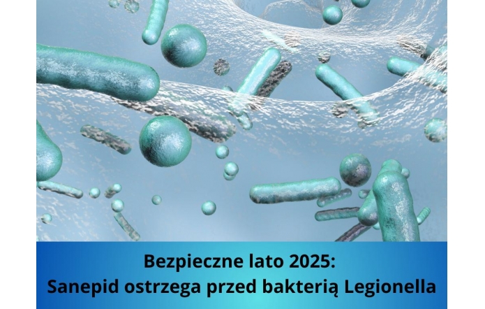 Trójwymiarowa ilustracja przedstawia niebiesko-zielone pałeczki bakterii Legionella unoszące się w wodnym środowisku. U dołu widnieje komunikat: „Bezpieczne lato 2025: Sanepid ostrzega przed bakterią Legionella”.