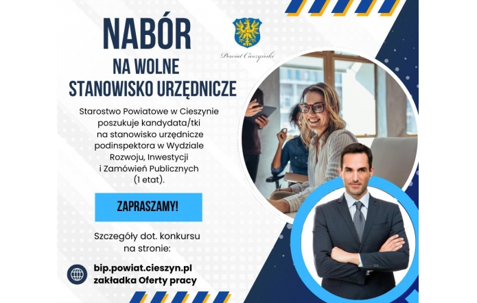 Grafika przedstawiająca dwie postacie - uśmiechniętą kobietę w jasnym swetrze oraz mężczyznę w garniturze.Zdjęcia obu osób znajdują się w okrągłych ramkach.Z lewej strony tekst informacyjny dotyczący konkursu na wolne stanowisko pracy.