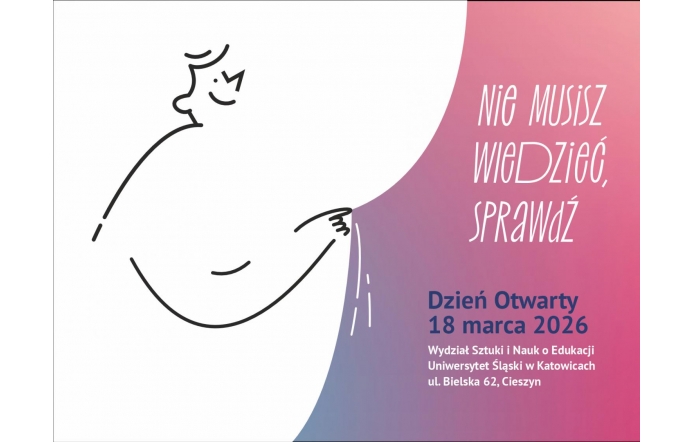 Profil postaci narysowanej prostą linią, która wskazuje ręką w prawo. Obok znajduje się napis „Nie musisz wiedzieć, sprawdź”, a poniżej informacje o Dniu Otwartym wraz z adresem.