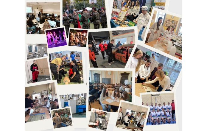 Kolaż zdjęć pokazujących uczniów podczas różnych zajęć szkolnych i praktycznych, m.in. w pracowniach komputerowych i laboratoryjnych, na zajęciach technicznych, podczas ćwiczeń z pierwszej pomocy, występów artystycznych oraz wydarzeń szkolnych.