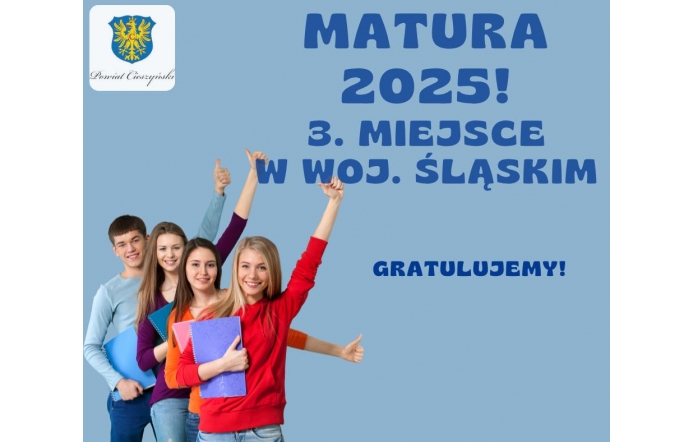 Na jasnoniebieskim tle widać grupę czterech młodych osób – trzy dziewczęta i jeden chłopiec – stojących w szeregu z zeszytami w rękach, uśmiechniętych i pokazujących kciuki w górę. W lewym górnym rogu herb powiatu cieszyńskiego, obok duży napis o sukcesie maturzystów i gratulacje.