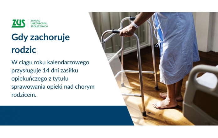 Starsza osoba w szpitalnej koszuli idzie boso z balkonikiem po drewnianej podłodze, obok fragment łóżka i okno, a po lewej duży tekst ZUS informujący o 14 dniach zasiłku opiekuńczego na opiekę nad chorym rodzicem.