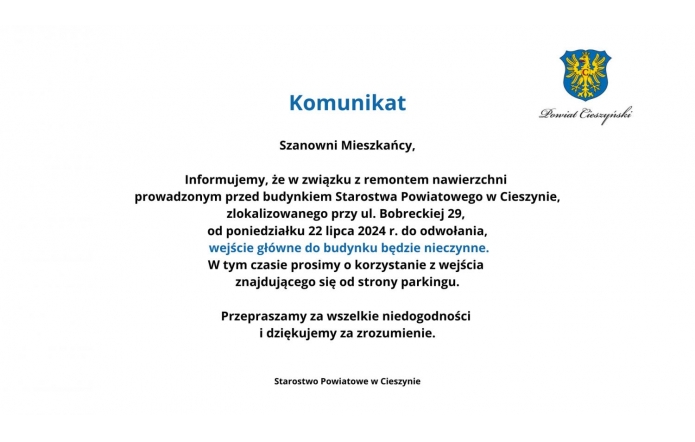 Uwaga! Wejście główne do budynku Starostwa przy ul. Bobreckiej jest nieczynne! - zdjęcie wyróżniające