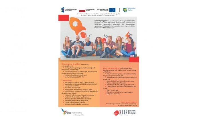Plakat informacyjny projektu „Nowy start – aktywni społecznie i zawodowo”. U góry logotypy Funduszy Europejskich, RP, UE i Województwa Śląskiego. W centralnej części zdjęcie grupy uśmiechniętych osób. Poniżej informacje o wsparciu, świadczeniach i kontakcie.