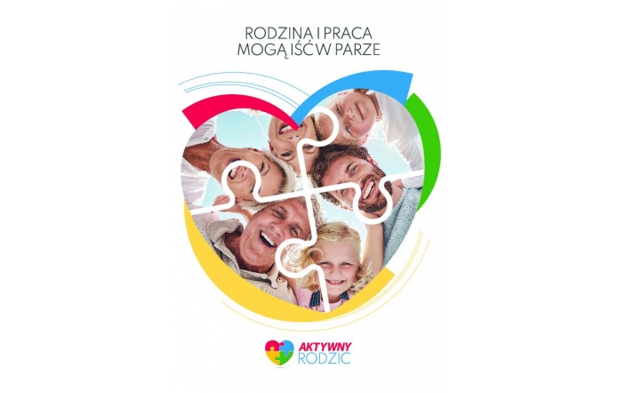 Grafika promująca projekt „Aktywny Rodzic”. Przedstawia uśmiechniętą rodzinę wkomponowaną w elementy układanki w kształcie serca. Na górze widnieje napis: „Rodzina i praca mogą iść w parze”. Na dole logo programu „Aktywny Rodzic” z sercem z puzzli w czterech kolorach.