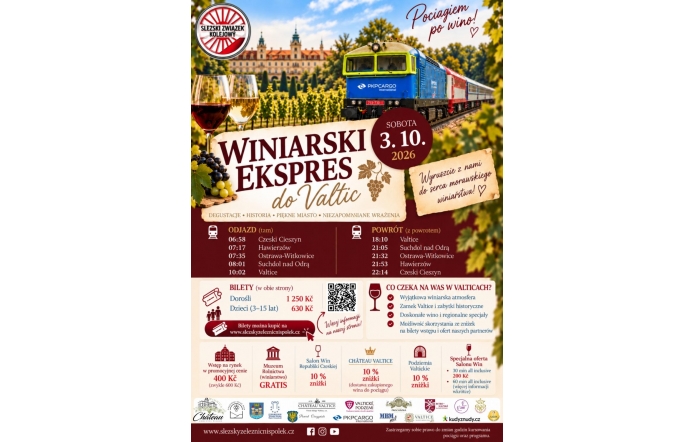 W górnej części widoczne są pociąg, kieliszki z winem i winogrona. W centralnej części podano datę 3 października 2026 r., a poniżej rozkład przejazdu, ceny biletów i informacje o atrakcjach. Na dole znajdują się logotypy organizatorów i partnerów. Plakat utrzymany jest w bordowo-beżowej kolorystyce z zielonymi i złotymi akcentami.