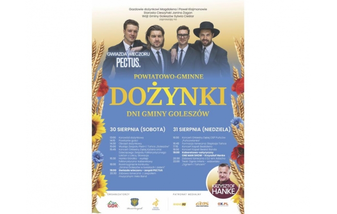 U góry widać czterech elegancko ubranych mężczyzn z zespołu Pectus. Po bokach – słoneczniki i kłosy zbóż. W centrum napis „Dożynki Powiatowo-Gminne”. Niżej szczegółowy program wydarzeń na 30 i 31 sierpnia, z atrakcjami i koncertami.