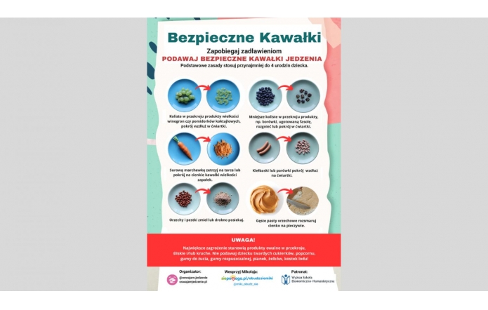 Plakat informacyjny o podstawowych zasadach krojenia pokarmu dla dzieci poniżej 4 roku życia