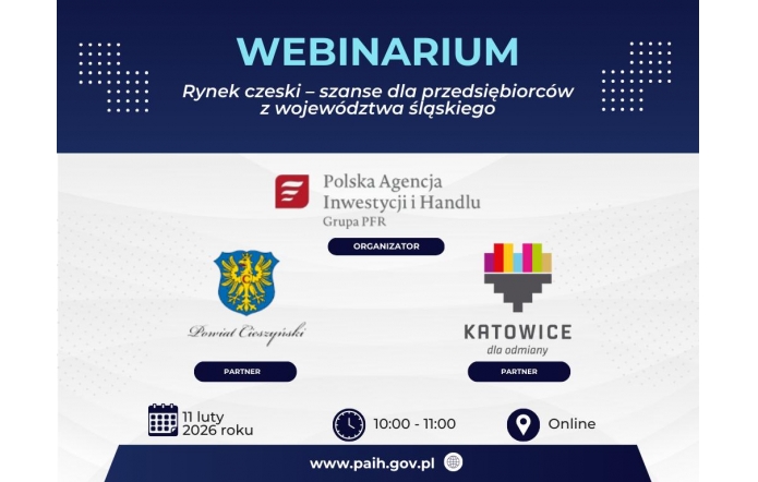 Grafika informująca o webinarium dla przedsiębiorców.Na środku loga organizatora i partnerów.U góry nazwa wydarzenia, u dołu tekst informacyjbny.Tło jasne, u góry i u doły pasy w kolorze granatowym .