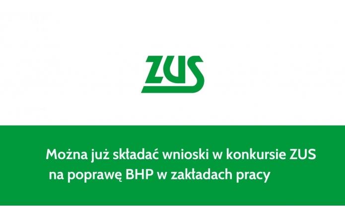 Logo ZUS w kolorze zielonym widnieje na białym tle, a poniżej w zielonym pasku zamieszczono informację w białej czcionce: „Można już składać wnioski w konkursie ZUS na poprawę BHP w zakładach pracy”. Prostota i wyrazistość projektu mają na celu przyciągnięcie uwagi oraz podkreślenie ważności konkursu dotyczącego bezpieczeństwa pracy.