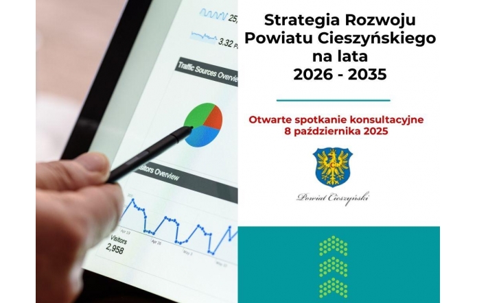 Grafika składająca się z trzech części.Po lewej dłoń trzymajaca wsaźnik skierowany w kierunku ekranu.W prawym górnym rogu tekst informujący o spotkaniu konsultacyjnym oraz herb powiatu,w prawym dolnym rogu zielona strzałka skierowana w górę.