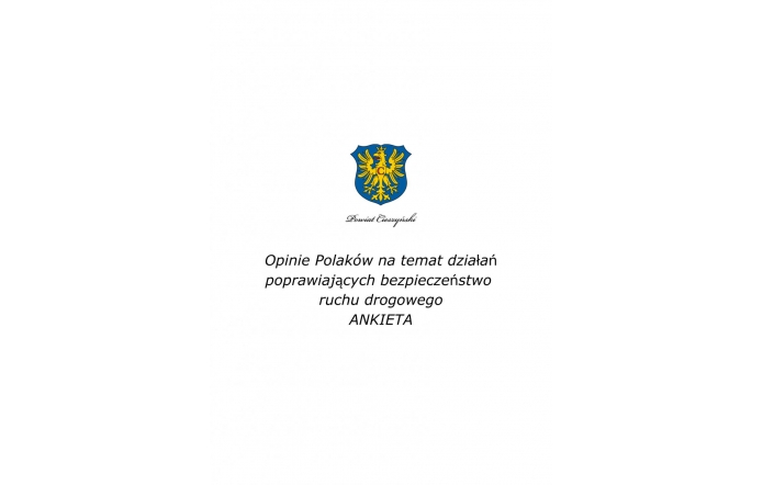 Plakat z logiem Powiatu: żółty orzeł na niebieskim tle i podpisem Powiat Cieszyński, poniżej tytuł ankiety na temat o bezpieczeństwie ruchu drogowego