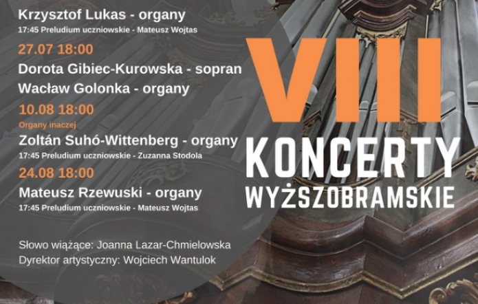 Plakat informujący o wydarzeniach w ramach festiwalu VIII Koncerty Wyższobramskie.