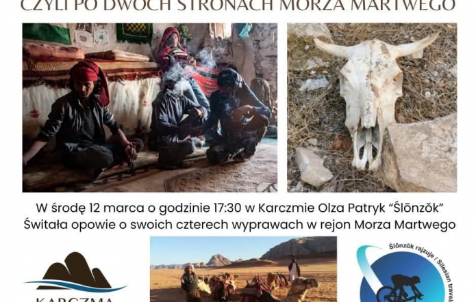 Grafika z trzema zdjęciami z regionu Izraela i Jordanii.U góry tekst z tytułem prelekcji, u dołu logo organizatora i prelegenta.