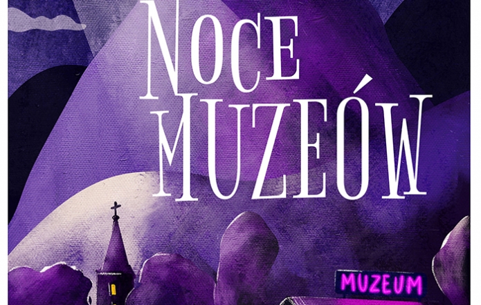 plakat zapraszający na noc muzeów w Wiśle w dniu 16 do 18 maja.Kolorystyka utrzymana w mrocznych kolorach czerni i fioletu. U góry księżyc oświetlający napis Noc Muzeów.