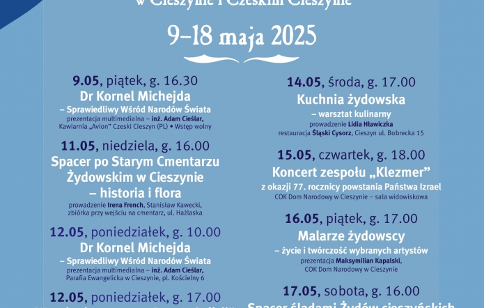 plakat zapraszający na dni kultury żydowskiej w Cieszynie i Czeskim Cieszynie w dniach 9 do 18 maja 2025 r.